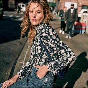 Sezane Eglantine Blouse Navy Blue White Floral Embroidered FR 42 | US 10 | NWT